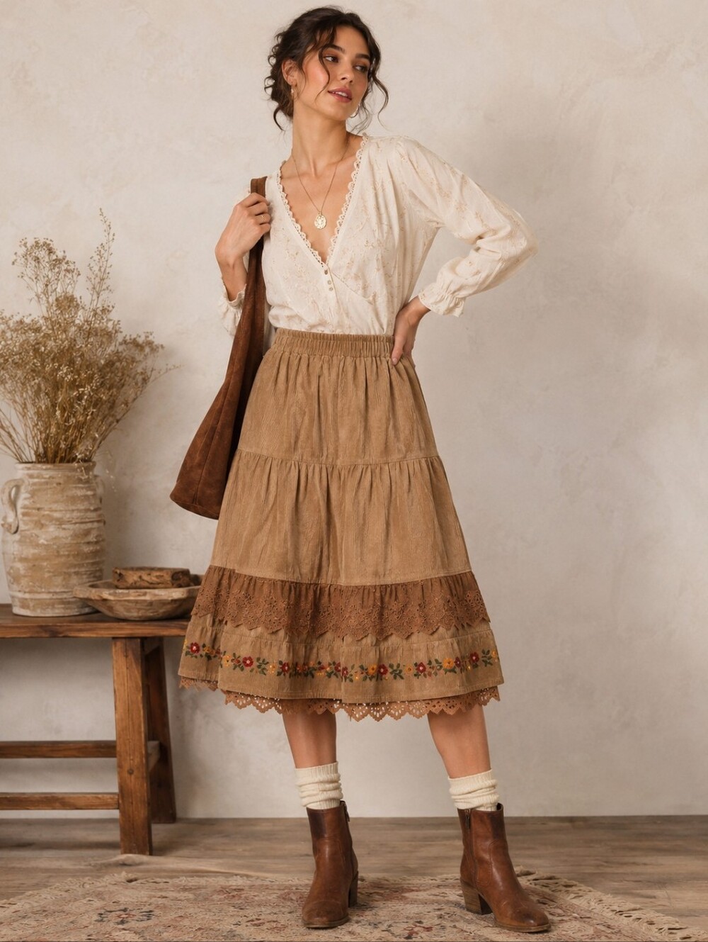 HUAYUTONG Corduroy Embroidered Tiered Midi Skirt Boho Cottagecore